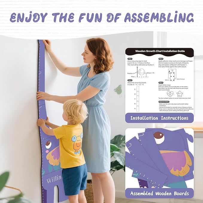 Personalized Name Growth Chart for Kids, Elephant Patchwork Wooden Height Chart for Wall Decor, Custom Height Ruler, Baby Boy Girl Measurement Ruler for Bedroom Playroom, Easy to Mark
