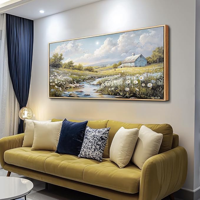 PHAOHUAXM Wall Art For Living Room Large Canvas Wall Decor For Bedroom Flower Watercolour Painting Office Decoration Countryside Scenery Mural Artwork Ready To Hang Home Decor 24x48 In Wood Framed