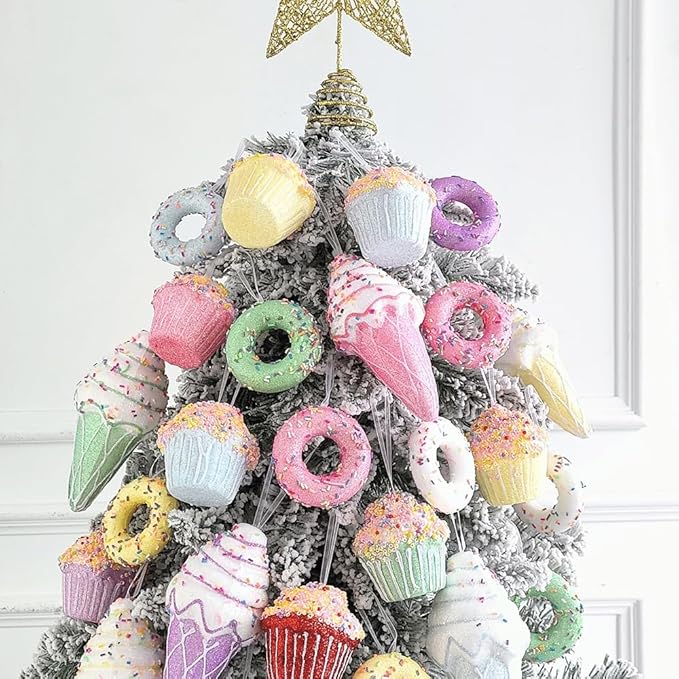 Donut ChristmasParty Decorations Ornaments, 6Pcs Hanging Christmas Tree Candy Ornament, Macaron Color Mini Dessert Donut Pendant Set for Xmas New Year Easter Birthday Home Party Supplies (Doughnut)