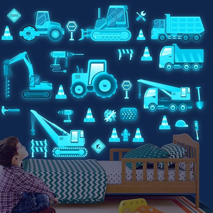 Glow in The Dark Construction Wall Decals,Luminous Construction Wall Stickers Decals Glowing Self-Adhesive Truck Car Excavator Stickers for Ceiling Decor Kids Baby Room Wall Stickers Decor Boys Gifts