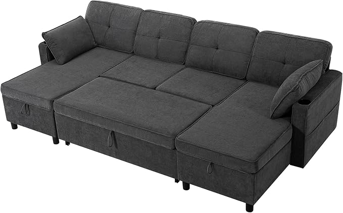 110 Inches Chenille Sectional Sofa w/Adjustable Back & Pull Out Sofa Bed, Tufted U Shaped Couch w/Two Storage Chaises, Sleeper Sectional Sofa w/USB Port & Cup Holders for Living Room, Grey