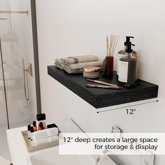 12 Inch Deep Black Floating Shelves, 24 x 12 Floating Shelf for Books, Rustic Wood Deep Wall Shelves for Home Storage & Display, 2" Thicked Shelves for Kitchen, Living Room, Bedroom, 1 Pack