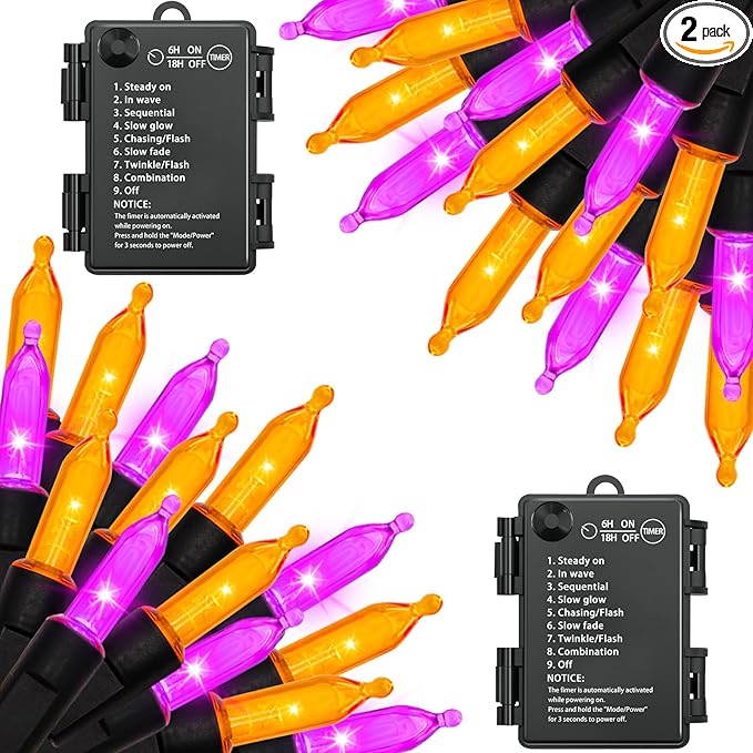 Halloween Lights, 2 Pack 100 LED Orange & Purple Battery Operated Mini String Light, 32 Ft Total Waterproof Halloween Lights 8 Modes for Indoor Outdoor Patio Garden Holiday Party Decorations