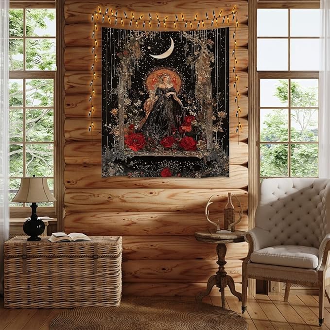 Dark Academia Moon Goddess Tapestry Gothic Fantasy Rose Wall Art Mystical Witchy Woman Print Victorian Artwork Aesthetic Tapestries Wall Hanging for Girls Room Bedroom Decor 30x40inch