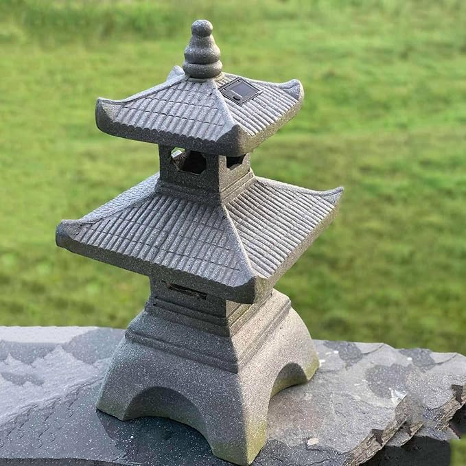 Galt International 2 Tier Pagoda Garden Statue LED Solar Powered Light 26" Tall Outdoor Zen Garden Lantern Landscape Lawn Asian Pagoda Stupa Decor Grey Resin