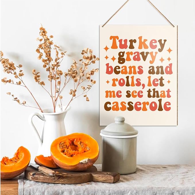 UDNADKEX Thanksgiving Decorations Hanging Sign, Autumn Fall Decor Wooden Wall Sign Thanksgiving Decorations, Turkey Gravy Beans and Rolls