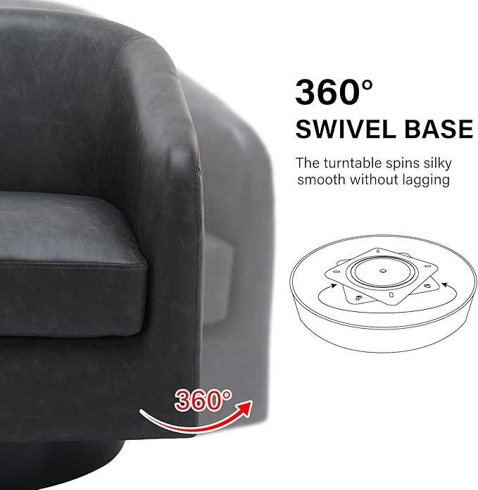 Swivel Barrel Accent Chair, Modern Round Faux Leather Arm Chair for Living Room, Bedroom, Comfy Club Reading Chairs for Adults(Faux Leather, Black Grey, Set of 4)