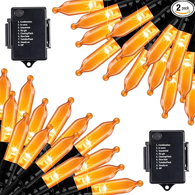 Halloween Orange String Lights Decorations,2 Pack 17.8 Feet 50 LED Battery Operated Mini String Lights with 8 Modes Waterproof for Outdoor Indoor Patio Xmas Tree Holiday Party Christmas Show
