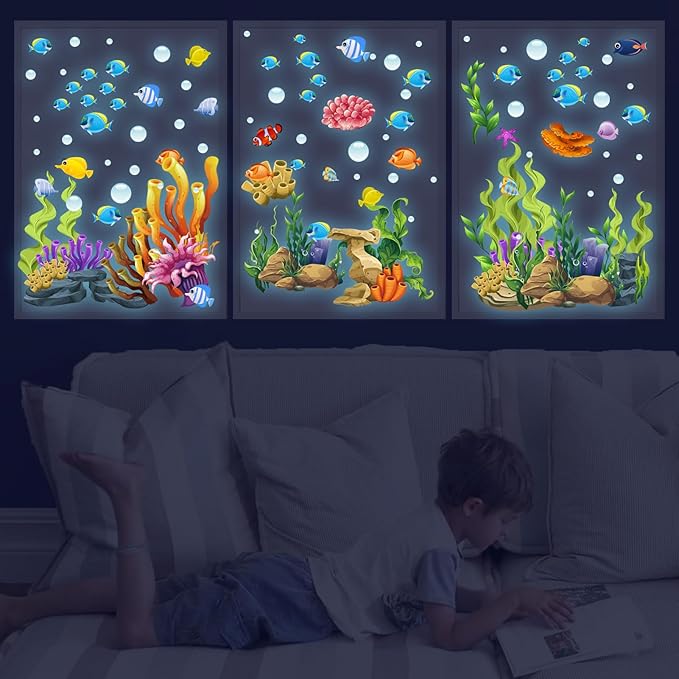 Glow in The Dark Under The Sea Wall Decals, Coral Reef and Seaweed Undersea Ocean Wall Stickers Luminous Removable Underwater Sea Wall Stickers for Kids Boys Bedroom Watercolor Ocean Creatures Decor