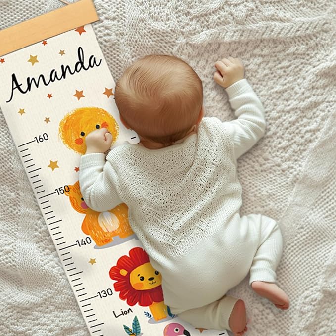 Personalized Name Growth Chart Wall Decor for Kids – Canvas Removable Height Chart Measuring Ruler 59" x 7.9" (Animals)