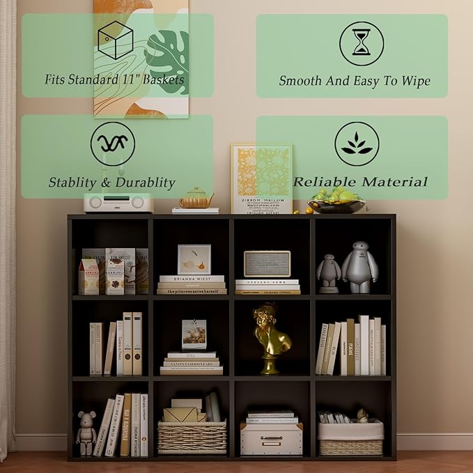 12-Cube Storage Shelf Bookcase - Wooden 3-Tier Floor Standing Open Bookshelf for Home and Office, Display Cabinet, Black