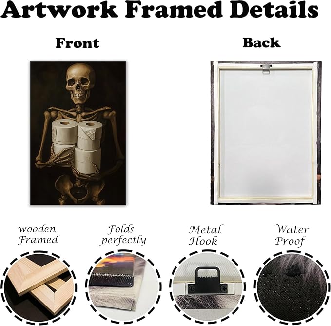 Gothic Skull Wall Art Funny Skeleton with Toilet Paper Canvas Print Vintage Skull Painting Framed Artwork for Living Room Home Halloween Wall Decor(Artwork-8,20"x30")