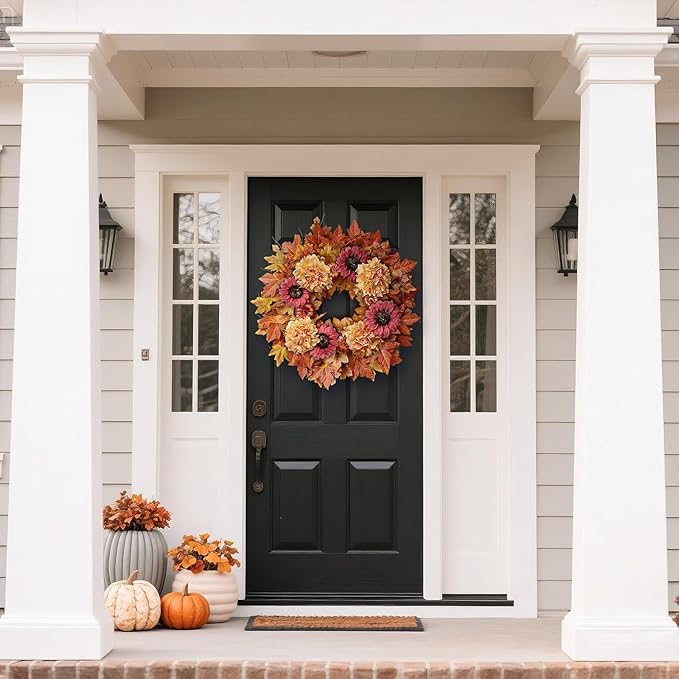 28'' Large Fall Wreath for Front Door, Porch, Window- Artificial Maple Leaves Faux Sunflower Hydrangea Pumpkins Outdoor Autumn Wreath for Home, Farmhouse Wall Thanksgiving Day Harvest Festival Decor