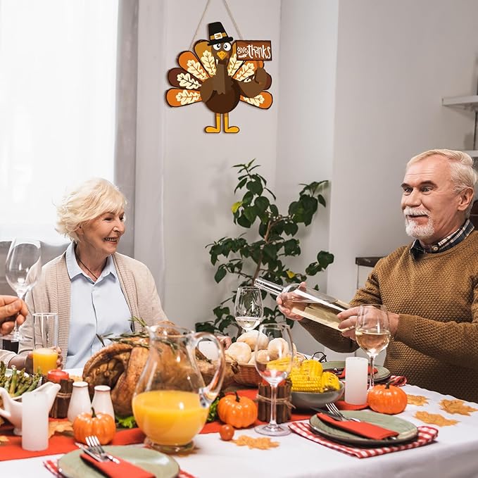 Jetec Happy Thanksgiving Turkey Door Sign Decor Wooden Turkey Sign Wall Art Hanging Rustic Plaque for Autumn Thanksgiving Day Front Door Home Decoration (Classic)