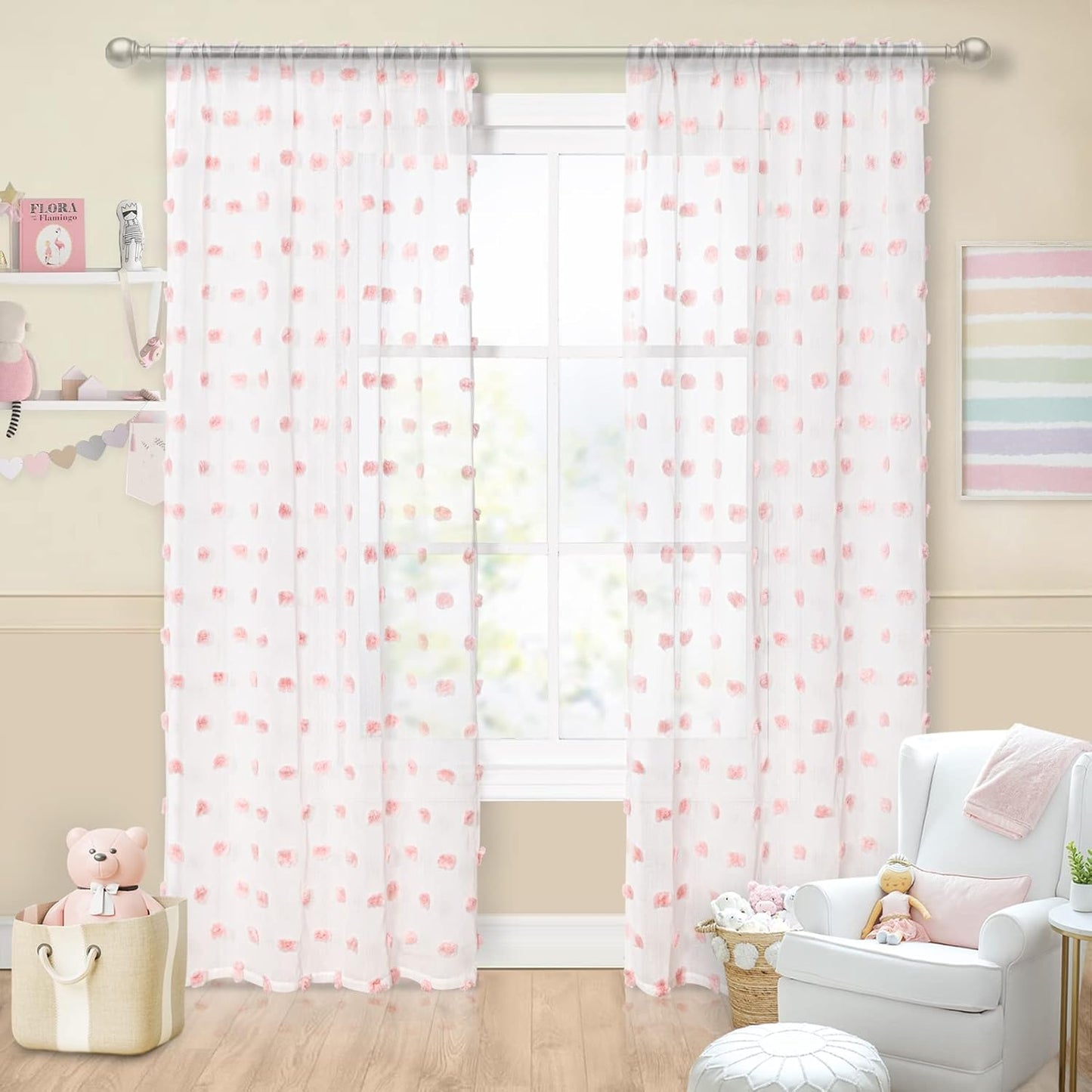 MYSKY HOME Pink Curtains 84 Inch Length for Bedroom Window Panels Pom Pom White Sheer Curtains 84 Inch Long for Living Room Nursery Girls Kids Room Rod Pocket Playroom Dining Room Set of 2 37 x 84 in
