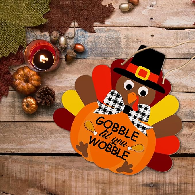 Thanksgiving Turkey Wooden Sign Wall Decor, Gobble Til You Wobble Thanksgiving Fall Welcome Wood Hanging Door Signs Decorations for Home Office Kitchen Front Door