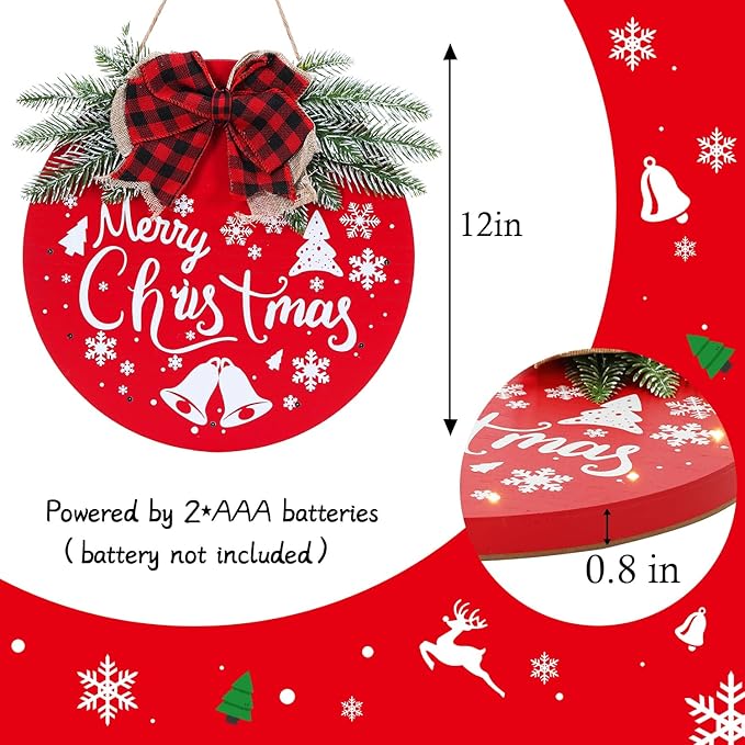 HOMCDALY Merry Christmas Welcome Sign for Front Door, Red X-mas Sign with Light, Holiday Door Decoration Wooden Hanging Sign, Christmas Decoration, Wall Art, Wall Decor(Red)