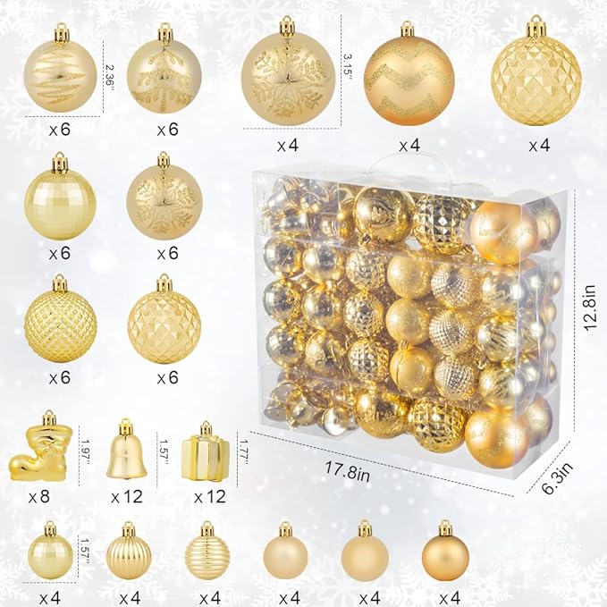 116Pcs Gold Christmas Ball Ornaments, Shatterproof Hanging Decoration Set with Gift Box, Assorted Decorative Baubles for Xmas Tree/Home/Wedding/Party/Holiday