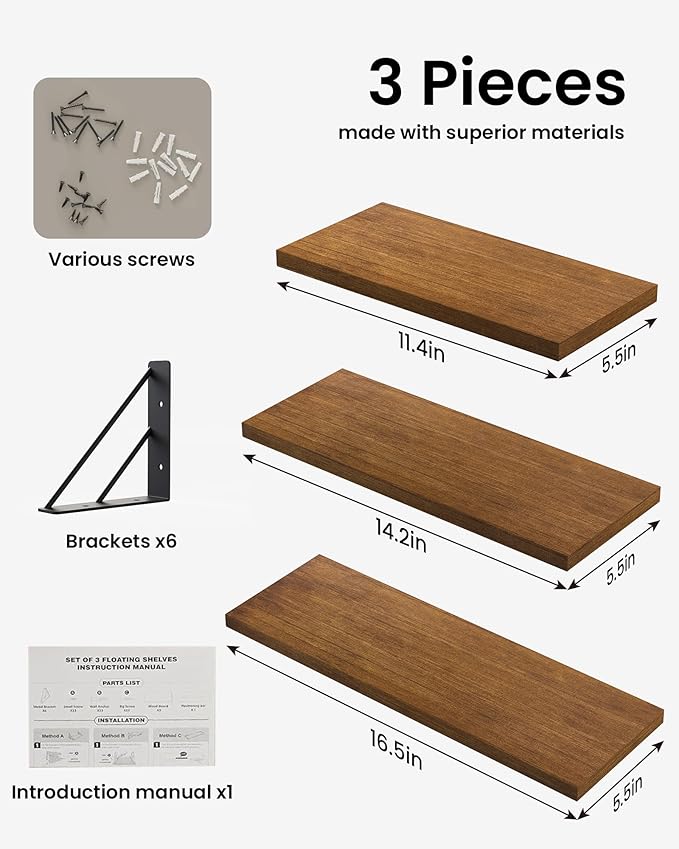 BAYKA Floating Shelves for Wall, Book Shelf for Bedroom, Wall Decor Shelves for Living Room Kitchen, Mounted Wood Floating Shelf for Home Decor, Corner Shelf for Bathroom, Office(Set of 3)