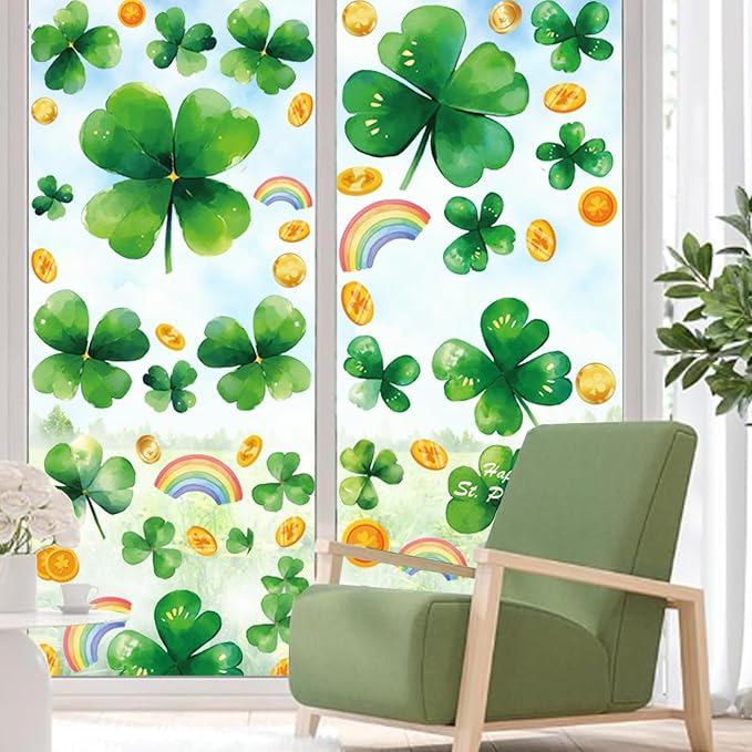 8 Sheet St Patricks Day Window Clings Shamrock Window Decorations for Glass Windows, Irish Saint Patricks Day Window Stickers for Kids Home School Office Spring Party Supplies