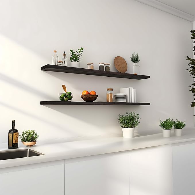 Wood Floating Shelves for Wall Decor, Rustic Wall Shelves for Bedroom Bathroom Kitchen Living Room, Set of 4 Walnut 48 Inch