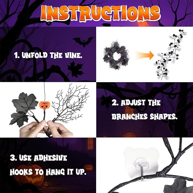 kuaima Halloween Lighted Willow Vine Twig Decor, 6.56 FT Light up Garland with Purple and Orange LED Lights for Indoor Outdoor Decor, 8 Modes, 18 Ornaments, 4 Adhesive Hooks