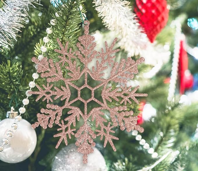 6pcs Large Snowflakes Ornaments Rose Gold 12” Big Plastic Glitter Snowflake for Winter Indoor Outdoor Christmas Tree Window Room Decorations Giant Craft Snowflakes
