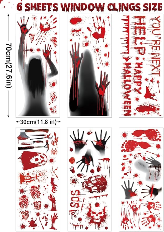 Wohohoho 11 Sheets/202 Pcs Bloody Halloween Decorations Set. 2 Giant Spooky Door Cover, 6 Sheets Horror Window Clings, 3 Sheets Scary Floor Stickers, Halloween Party Wall Decal Bedroom Inside Decor