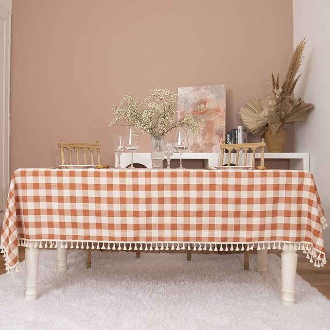Rustic Plaid Thanksgiving Tablecloth-Country Buffalo Check Cotton Table Cloth for Spring Fall Farmhouse Kitchen Dining Restaurant Decoration(Rectangle/Oblong, 55x70, Orange)
