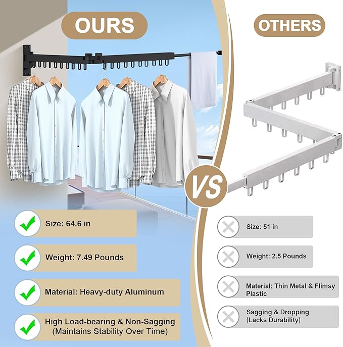 Bakala Clothes Drying Rack Foldable, Laundry Drying Rack Clothing Wall Mounted, Clothing Racks for Hanging Clothes, Heavy-duty Space Saving Hanger,Retractable,Expandable,Collapsible, 64" (Hooks,Black)