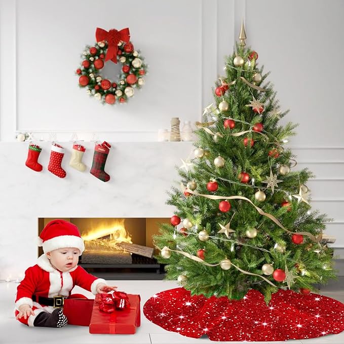 MODFUNS Red Christmas Tree Skirt Mini Glitter Tree Skirts 21 Inch Sequin Xmas Tree Skirt Thick Velvet Tree Mat Small Sparkly Tree Skirts Bling Christmas Tree Skirting Collar for Winter Holiday Decor