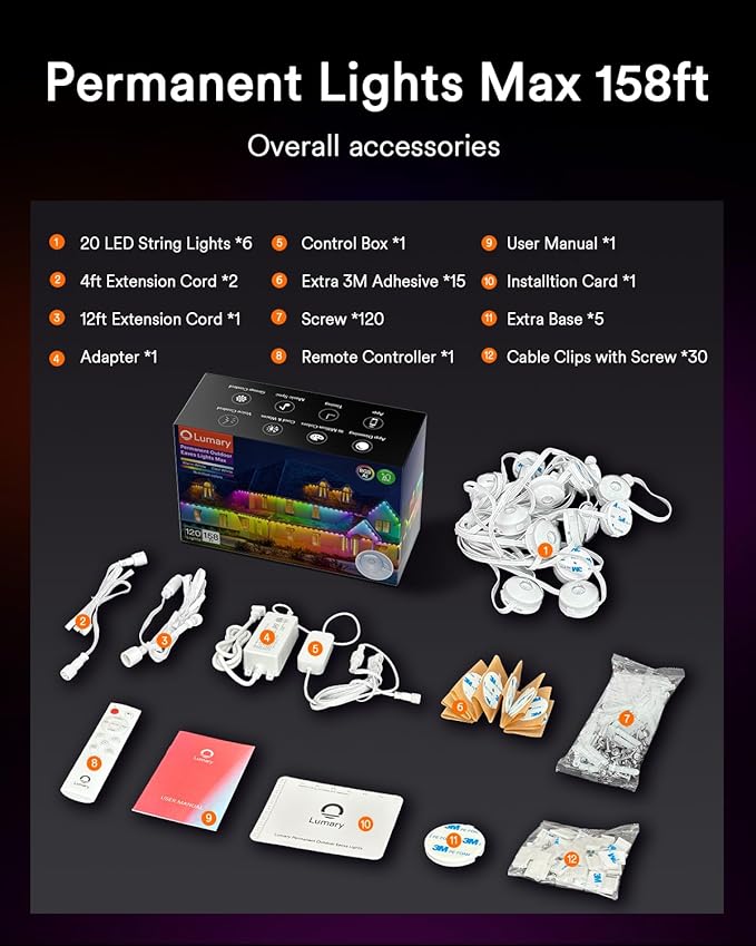 Lumary Permanent Outdoor Lights Max 158ft with 120 LED Eave Lights RGBAICW 7200lm, IP67 Waterproof, IC Control and Scene Modes for Halloween Christmas Decoration, Works with Alexa and Google Assistant