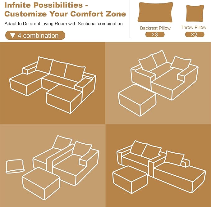 108" Sectional Couches for Living Room Modern Modular Sofa with L-Shape Couchs Upholstered Boneless Couch Deep Seat Sectional Couch with Chaise (Grey, Left Facing Chaise+2Seaters+1Ottoman)