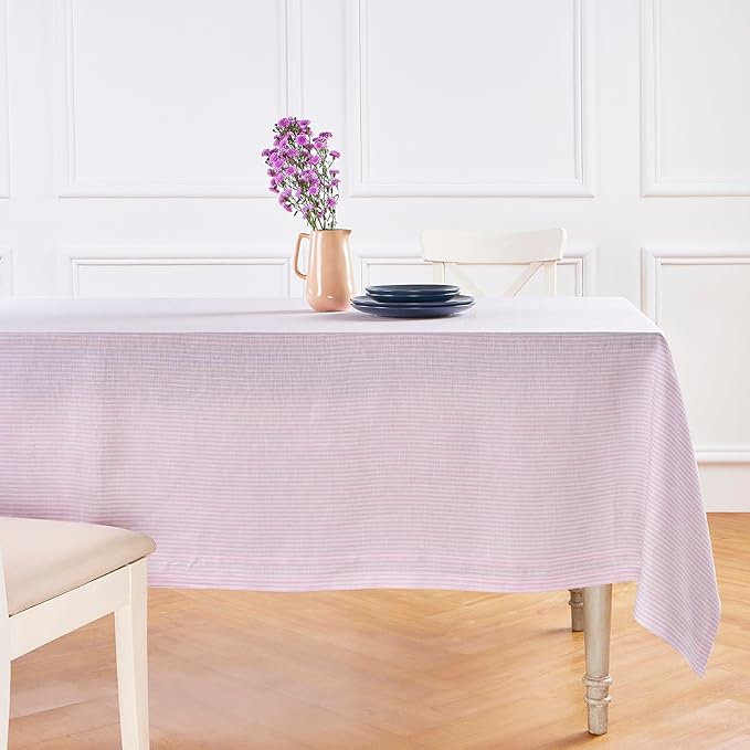 Solino Home Linen Tablecloth 60 x 120 Inch - Narrow Stripe 100% Pure Linen Pink and White Table Cloth for Rectangle Tables - Machine Washable Tablecloth for Halloween