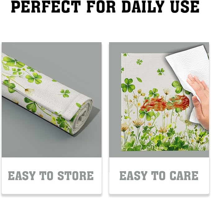 St. Patrick's Day Placemats Set of 4 Watercolor Green Shamrock Floral Spring Seasonal Washable Non-Slip Heat Resistant Place Mats 12x18 Inch Linen Table Mats for Kitchen Dining Party