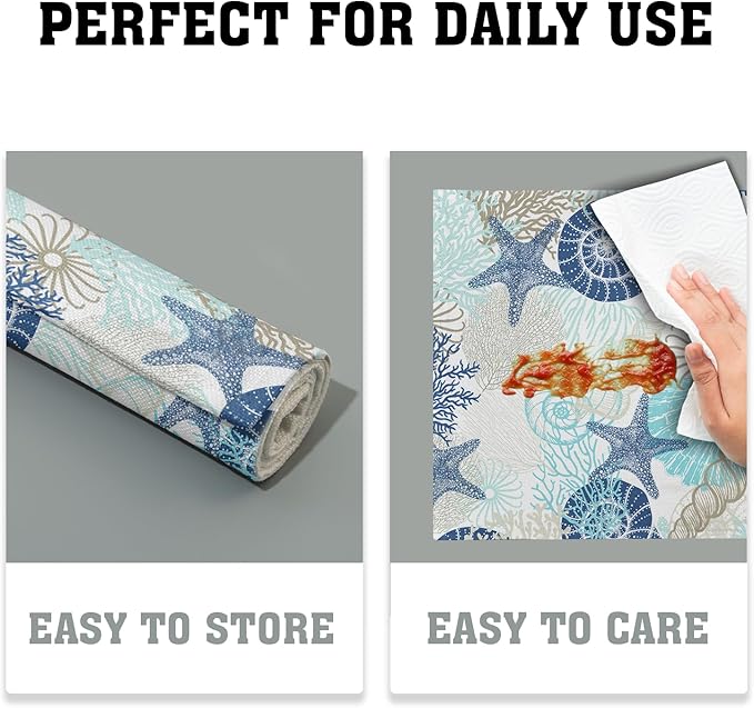 Summer Ocean Placemats Set of 4 Nautical Coastal Blue Starfish Seashell Coral Washable Non-Slip Heat Resistant Place Mats 12x18 Inch Beach Theme Linen Table Mats for Home Kitchen Dining Party Decor