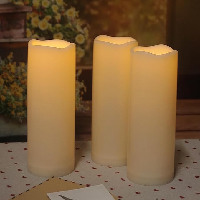 Waterproof Outdoor Battery Operated Flameless Candles with Auto Timer Flickering Plastic Resin Electric LED Pillar Lights for Lantern Patio Garden Wedding Party Decorations 3x8 Inches 3 Pack Ivory