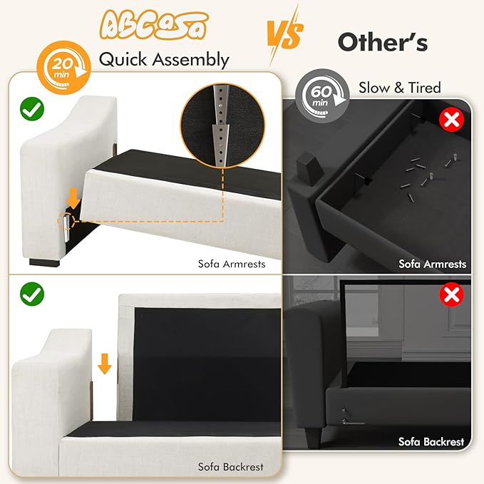 112" Modular Sectional Sofa, Large 7 Seater L Shaped Couch with Detachable Sofa Cover, Movable Ottoman, Deep Seat Corner Couch for Living Room, Apartment - Linen Fabric, Ivory