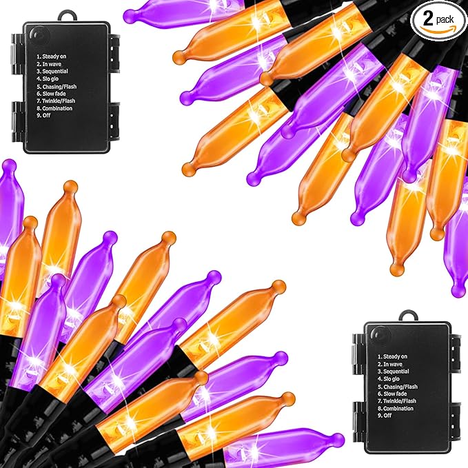Halloween Orange Purple Outdoor Lights,17.8 Feet 50 LED Christmas Lights with 8 Modes,Waterproof Mini String Lights Battery Operated for Outdoor Indoor Use, Xmas Halloween Tree Holiday Party Patio