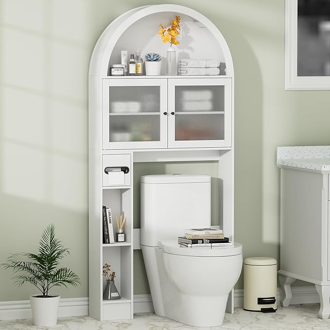 Over The Toilet Storage Cabinet, 31''W Arched Space-Saving Bathroom Organizer with Adjustable Shelf and Acrylic Doors, Freestanding Over Toilet Cabinet for Bathroom, Laundry, Restroom (White)