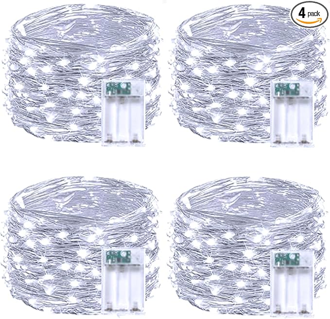 4 Pack Fairy Lights Battery Operated with Timer, Each 20FT 60LED Christmas String Lights Outdoor Indoor, Cuttable Battery Twinkle Lights for Bedroom Home Wedding DIY Christmas Decorations (Cool White)