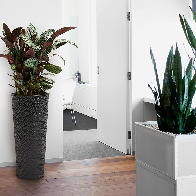 Worth Garden 2-Pack 28" H. Metal Planter with 2X Inside Pots - Hand-Hammered Texture Tall Narrow Tapered Plant Pots - Large Handcrafted Flower Pot for Indoor Outdoor, Deck, Patio, Front Porch (Black)