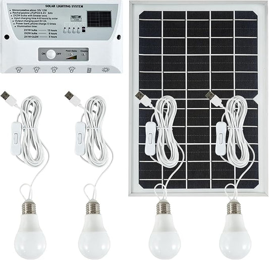 Solar Powered Indoor & Outdoor Pendant Lights with 4 LED Bulbs, Each 5m Cord, Waterproof, 6000mAh Battery for Yards, Gardens, Patios, Camping, RVs & Sheds