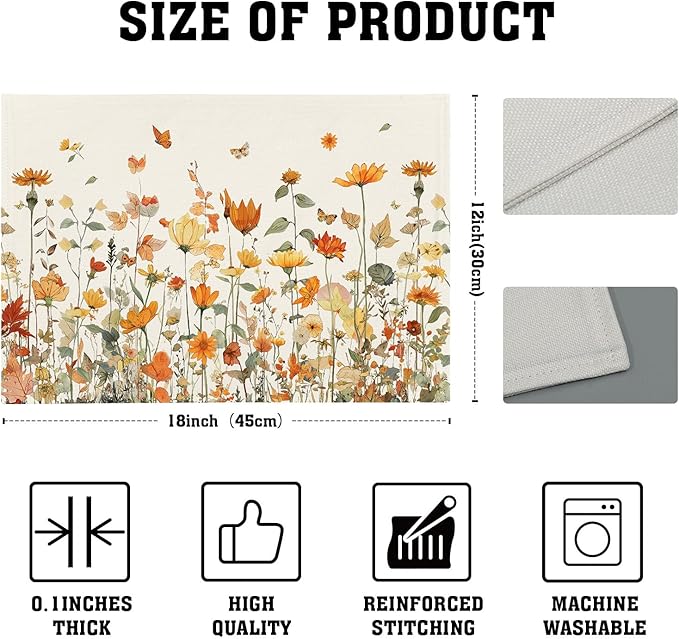 Fall Floral Placemats Set of 4 12x18 Inch Autumn Wildflower Vintage Rustic Washable Non-Slip Heat Resistant Place Mats Thanksgiving Table Mats for Party Kitchen Dining Room