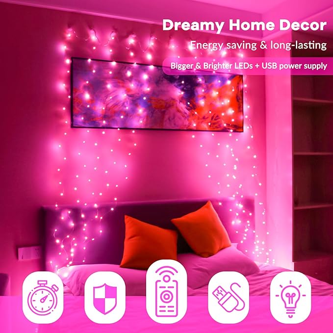 HXWEIYE 300LED Pink Fairy Curtain Hanging Lights with Remote 8 Modes Timer for Bedroom, 9.8x9.8Ft USB Plug in Christmas Fairy String Lights for Outdoor, Weddings, Party, Garden, Wall, Decorations
