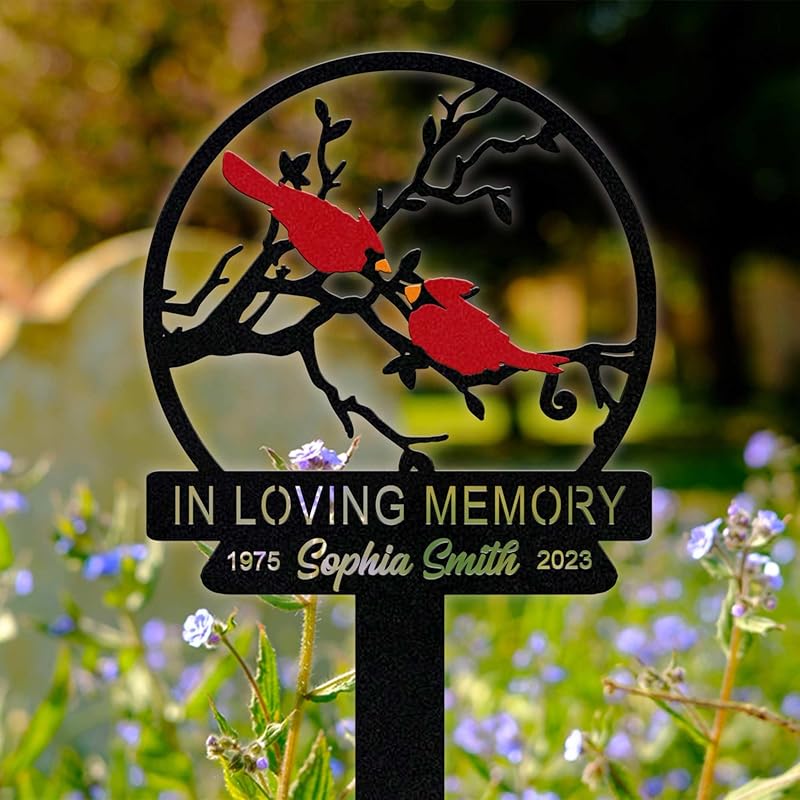 Personalized Cemetery Memorial Metal Stakes, Cardinals Memorial Grave Markers,Graden Decorations for Loss of Mother Father, Outdoor Sympathy Decor Gift