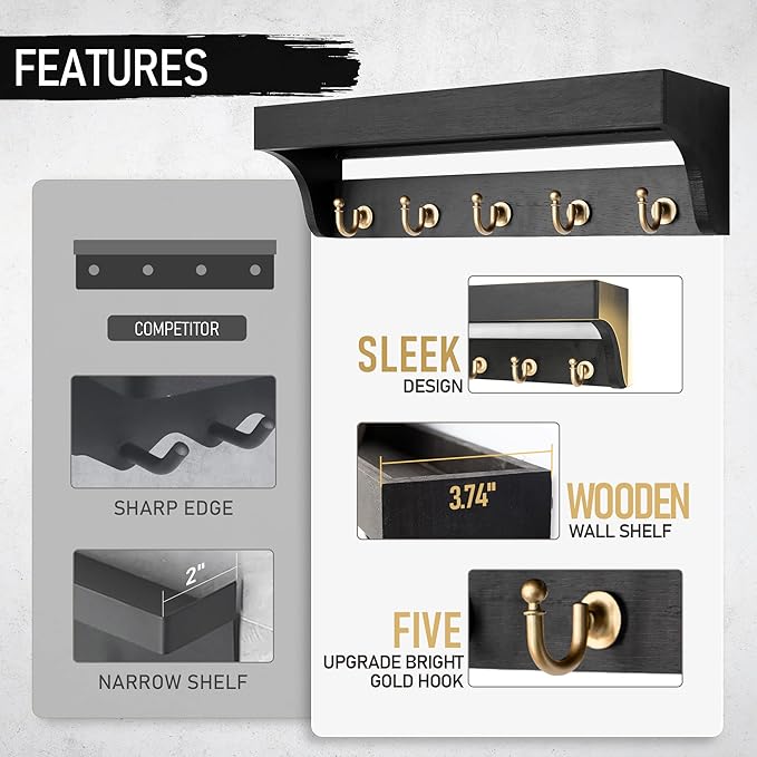 Rebee Vision Key Holder for Wall with Shelf : Decorative Key Organizer with 5 Rustic Keys Hooks and Primitive Wood Mail Organizer Wall Mount - Entryway Décor (Black)