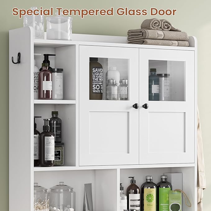 Itaar Over The Toilet Storage Cabinet, Over Toilet Bathroom Organizer with Glass Doors & Toilet Paper Holder Stand, Home Space-Saving Toilet Rack, for Bathroom, Restroom, Laundry(White)