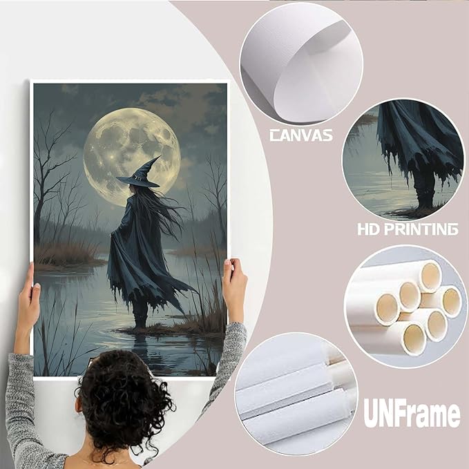 JFHCQJPK Witch in the moonlight magic canvas wall art enchanting Halloween home decor swamp witch silhouette oil painting mysterious gothic aesthetic wall decor print poster16x24in Frameless