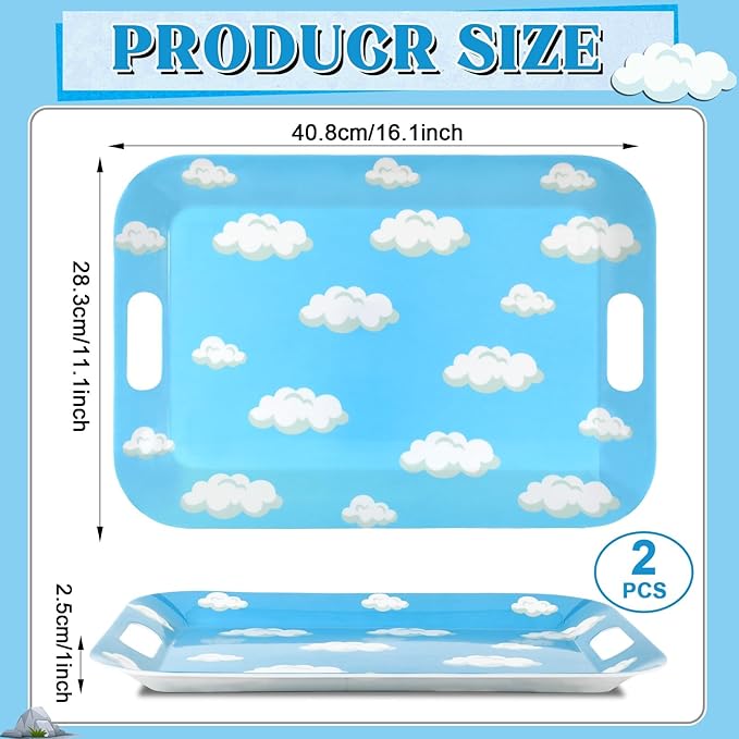 2Pcs Sky White Cloud Serving Trays with Handles 16 x 11 Inch Large Melamine Tray Cartoon Story Serving Platters, Toy Inspire Game Birthday Party Supplies for Serving Food Outdoor Dinner Dessert Plates
